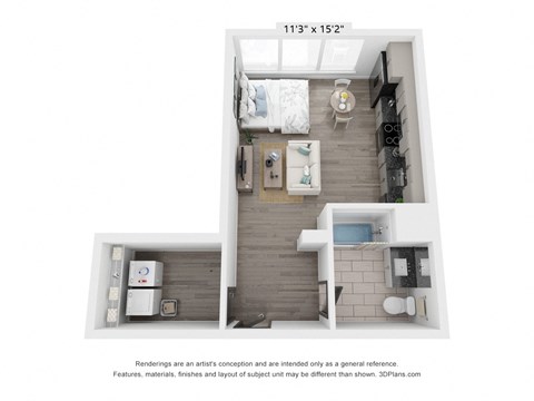 a stylized floor plan with a bedroom and a living room